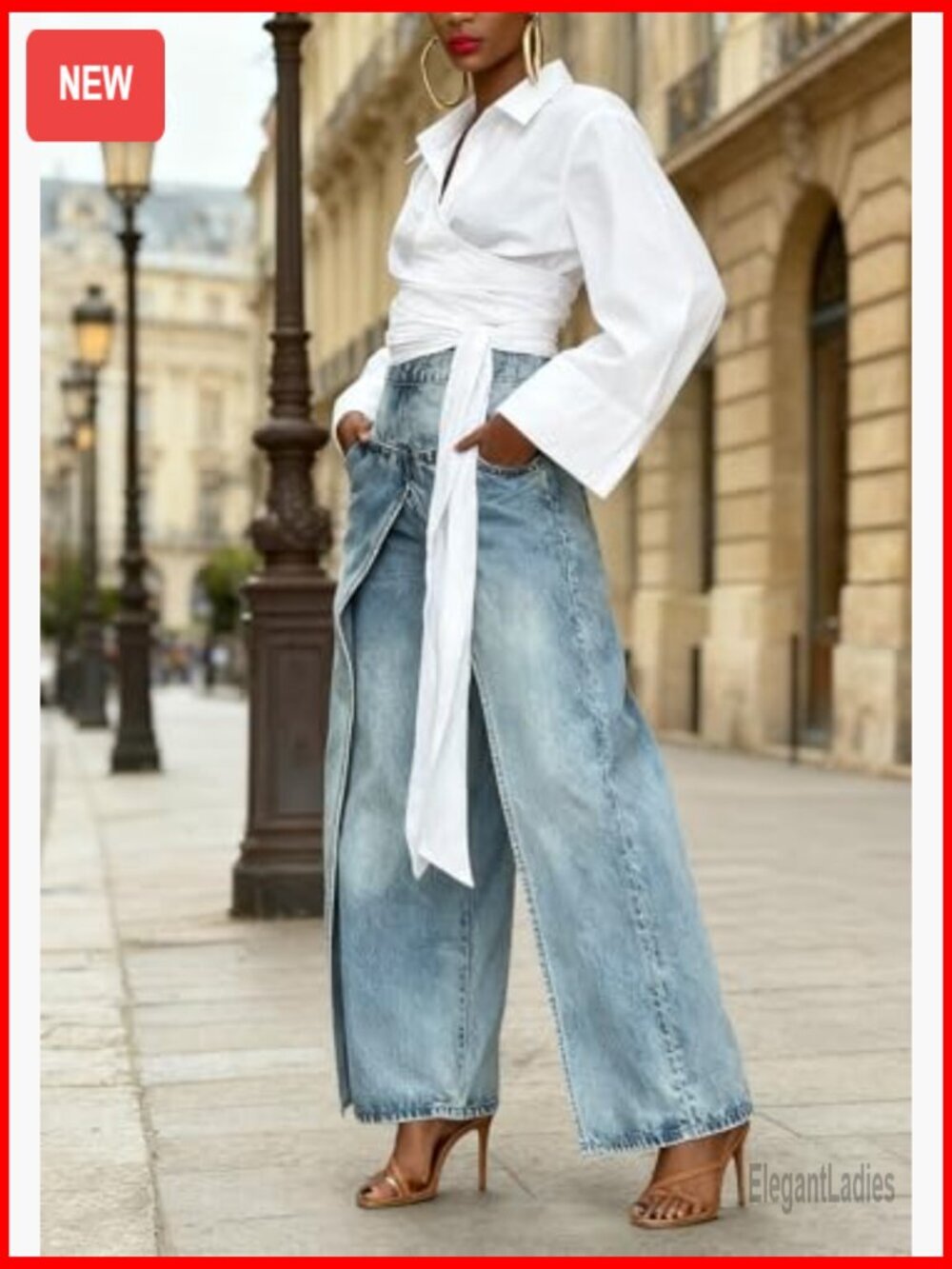 High Waisted Wide Leg Patchwork Jeans Distressed Split Hem Y2K - Picture 4 of 7